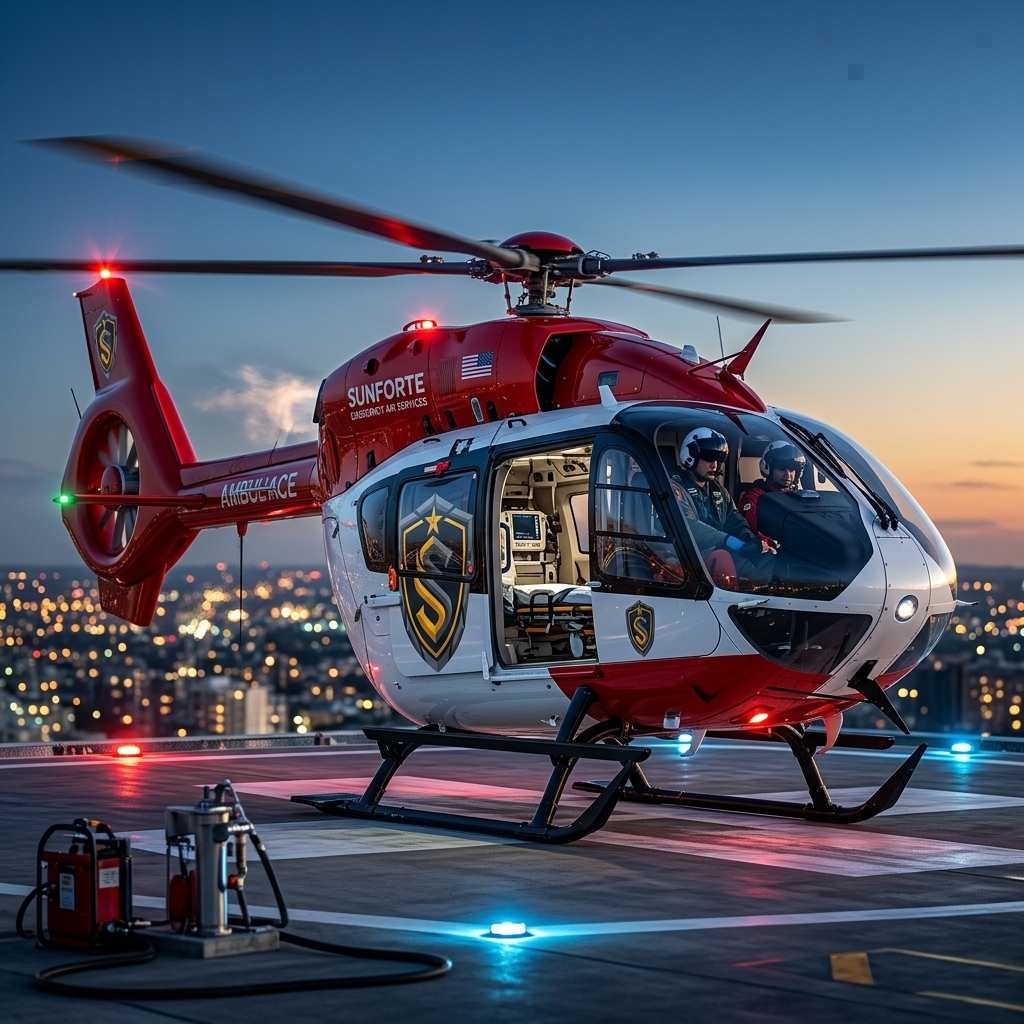 Tactical aeromedical rescue helicopter soaring through rugged twilight mountain valleys during a critical evacuation mission