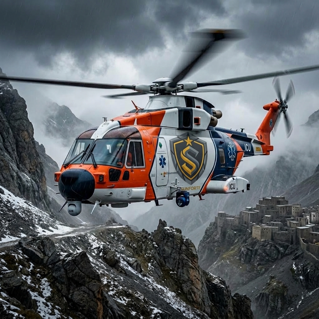 Advanced heavy all-weather critical care aeromedical ICU helicopter flying in mountainous hostile territory